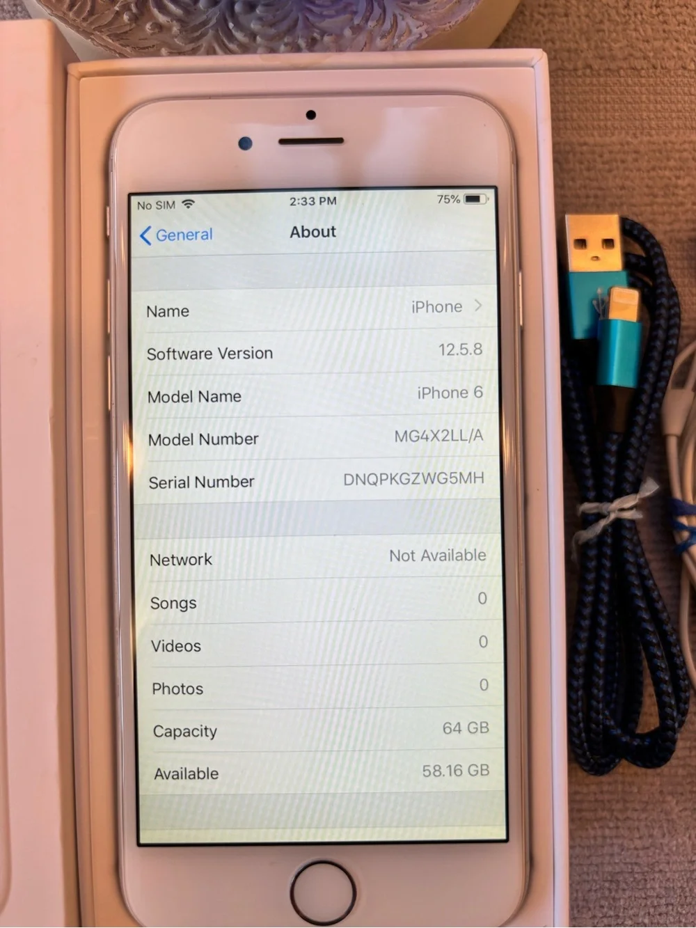 Apple iPhone6 64GB White with Blue Braided Charging Cable and White Earbuds